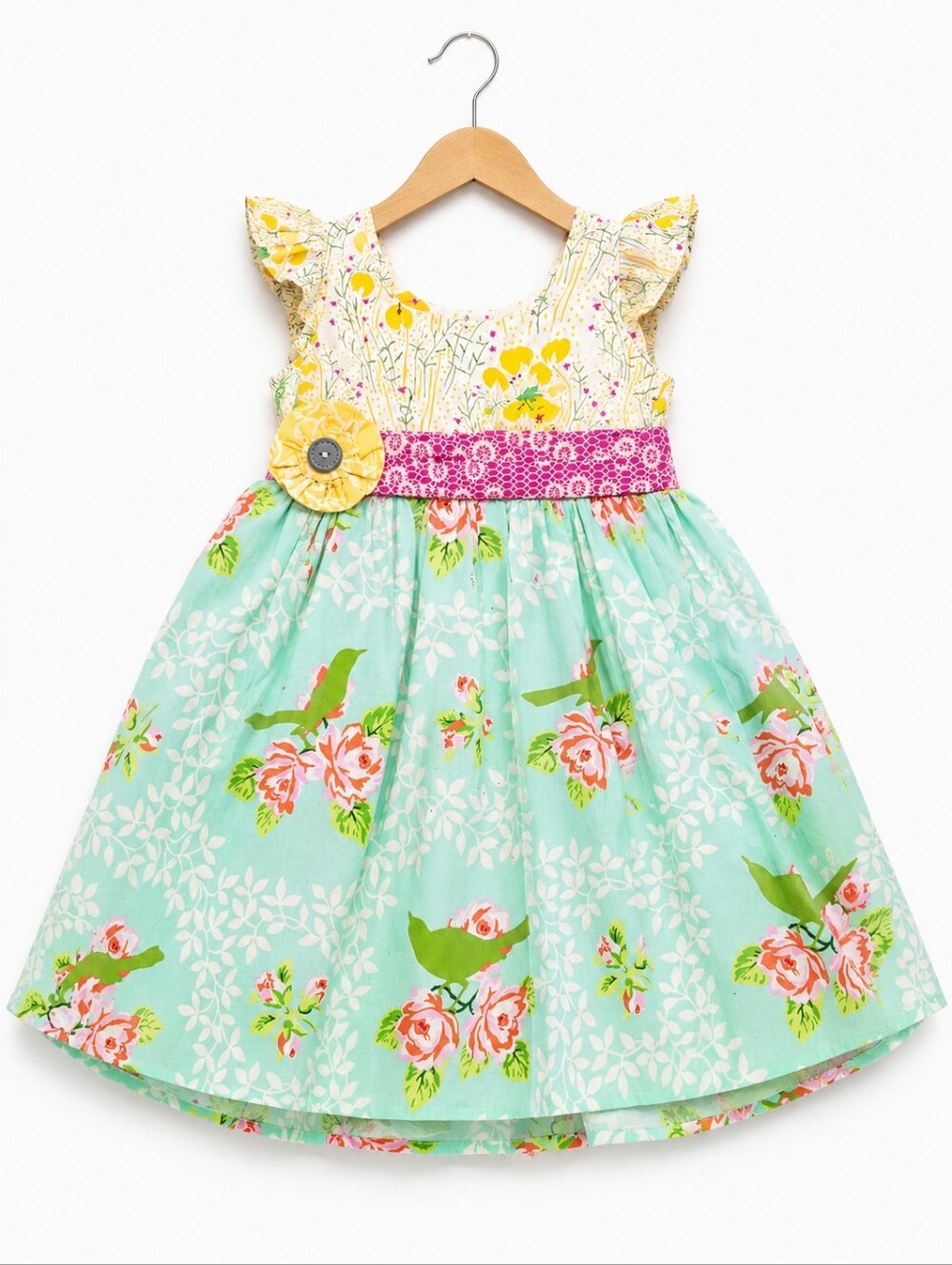 Vintage MAGPIE Girls Mint Floral Cotton Dress with Pink Waistband
